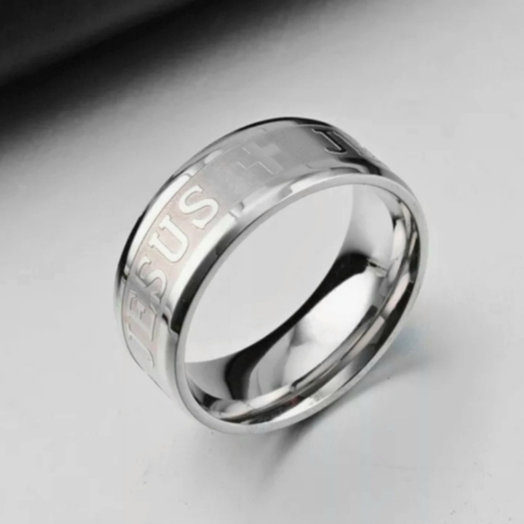 Silver Stainless Steel JESUS Insignia Emblem Embossed Engraved 8mm 8mm Band Ring - Picture 2 of 14